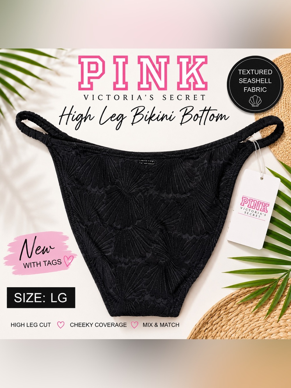 Victoria’s Secret PINK Black Textured Seashell High Leg Bikini Bottom NWT Large